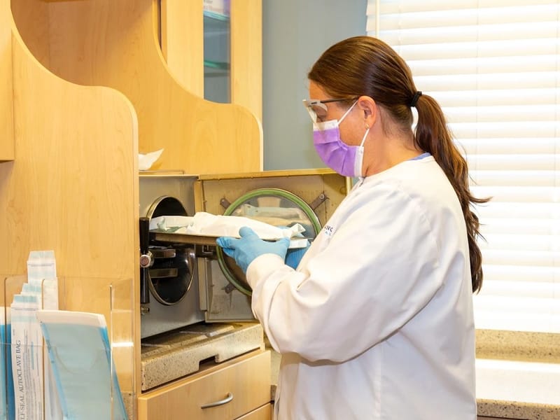 A treatment room at Radiant Smiles, prepared for a patient.